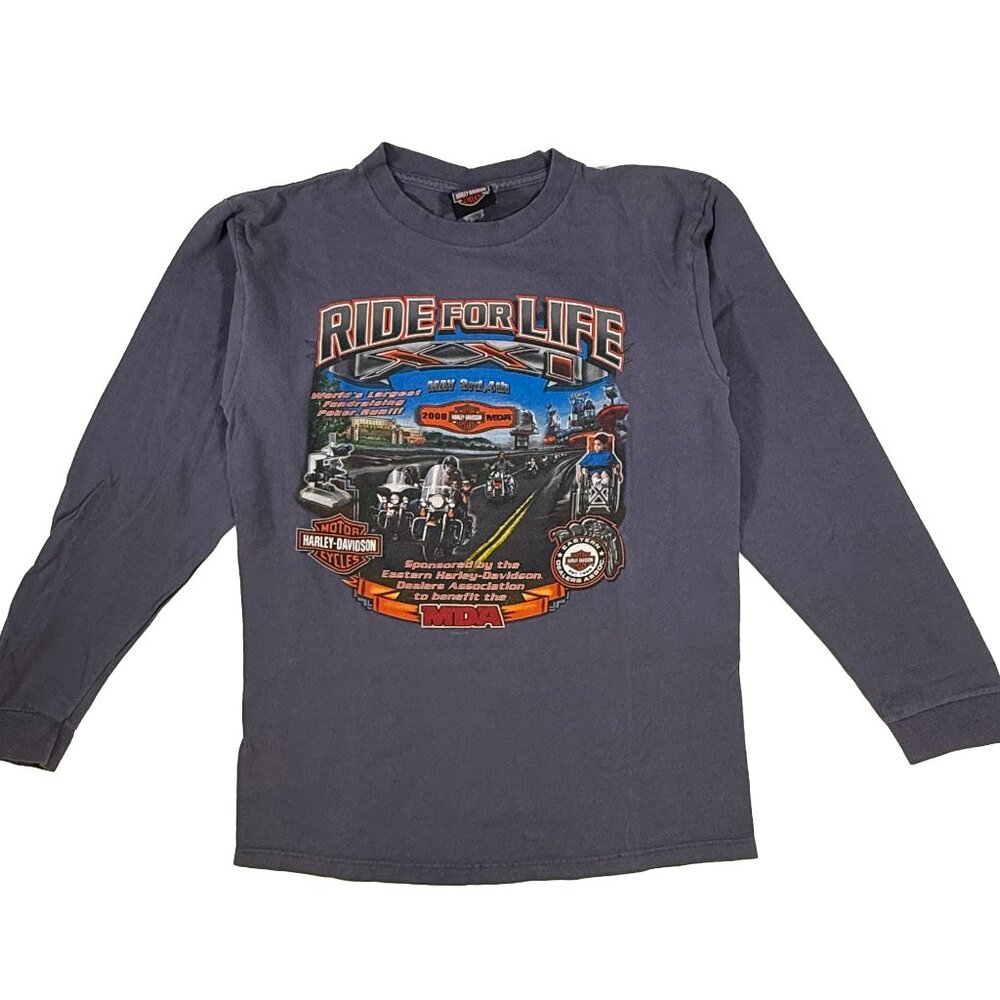 Vintage 2008 Harley-Davidson Ride For Life Long Sleeve T-Shirt Gray Size L